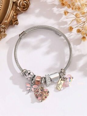 NEW Stainless Steel Silver Charm Bangle Bracelet | Pink Butterfly Heart